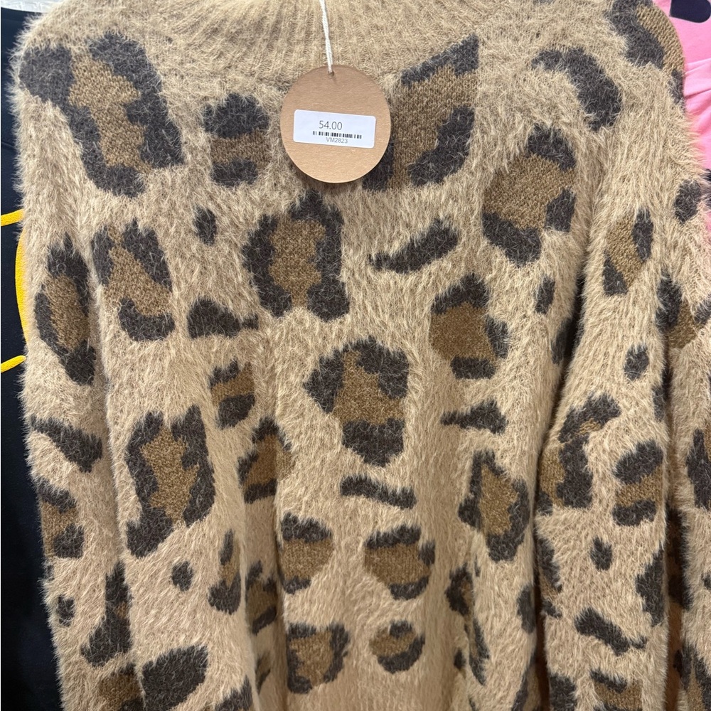 BiBi Leopard Print Fuzzy Crewneck Sweater - Tan, Black, Brown